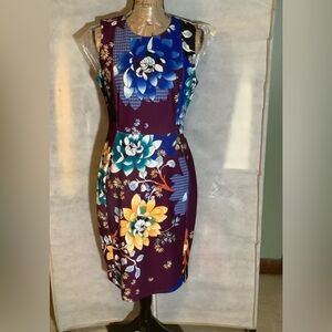 Calvin Klein, Wine, blue & yellow floral print sleeveless shift dress. Sz 10